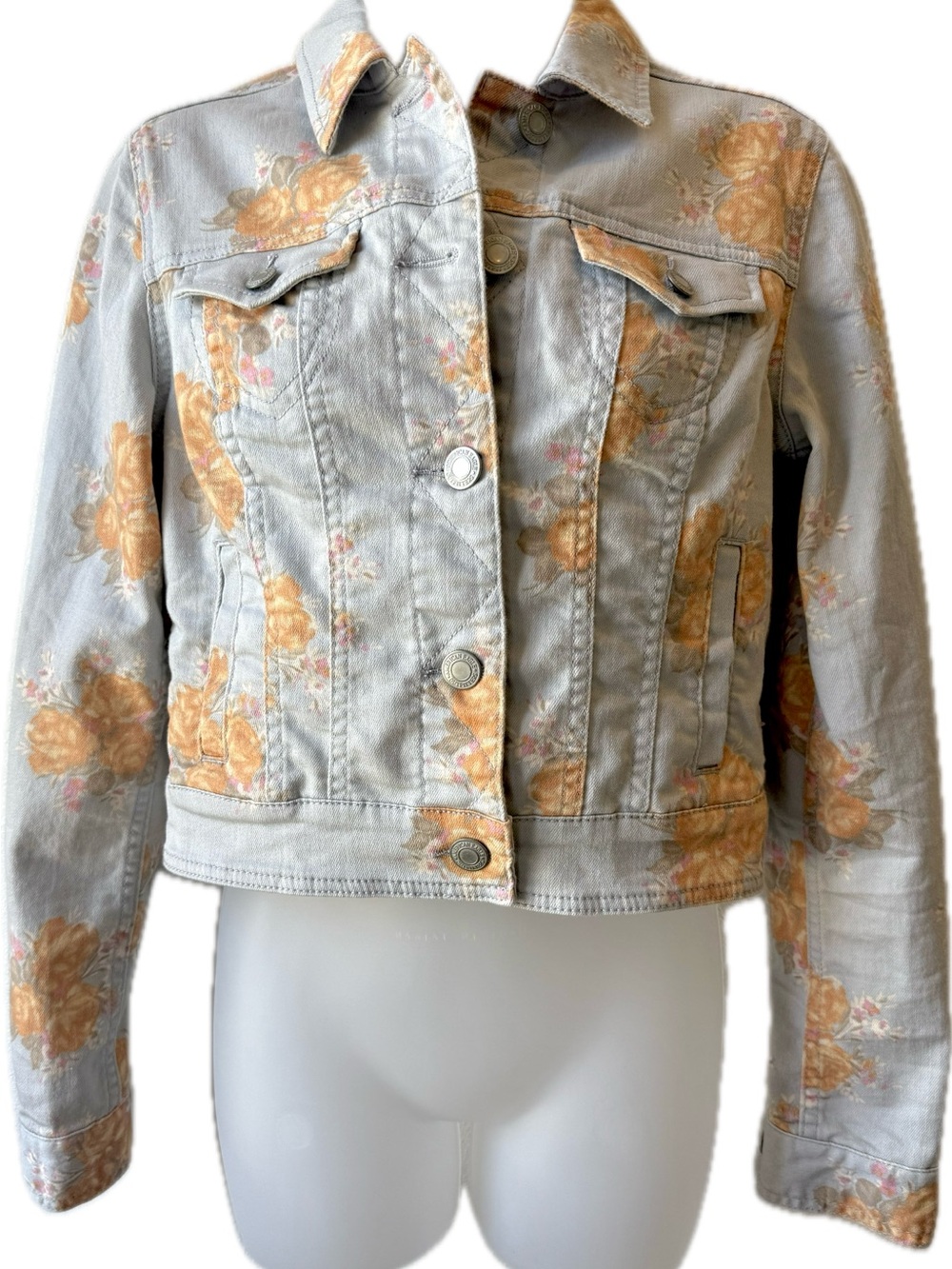 American Eagle Women's Floral Print Denim Jacket - Light Blue & Peach